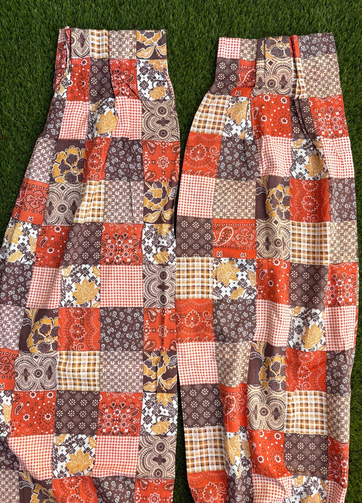 Vintage 70s Patchwork Retro Plaid Calico Pinch Pleat Curtains 80″