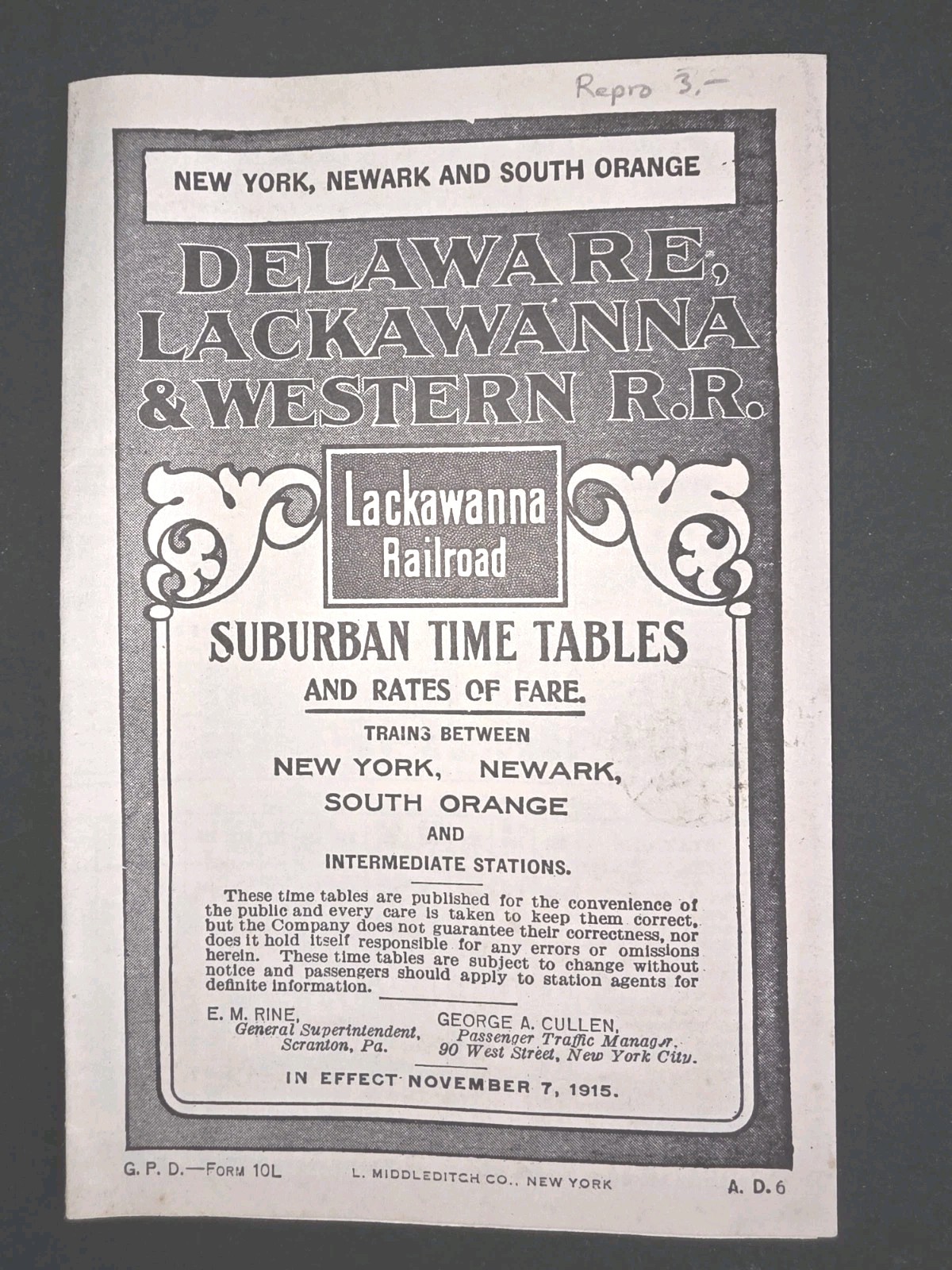 Delaware Lackawanna & Western Railroad Time Table November 7, 1915 Reproduction