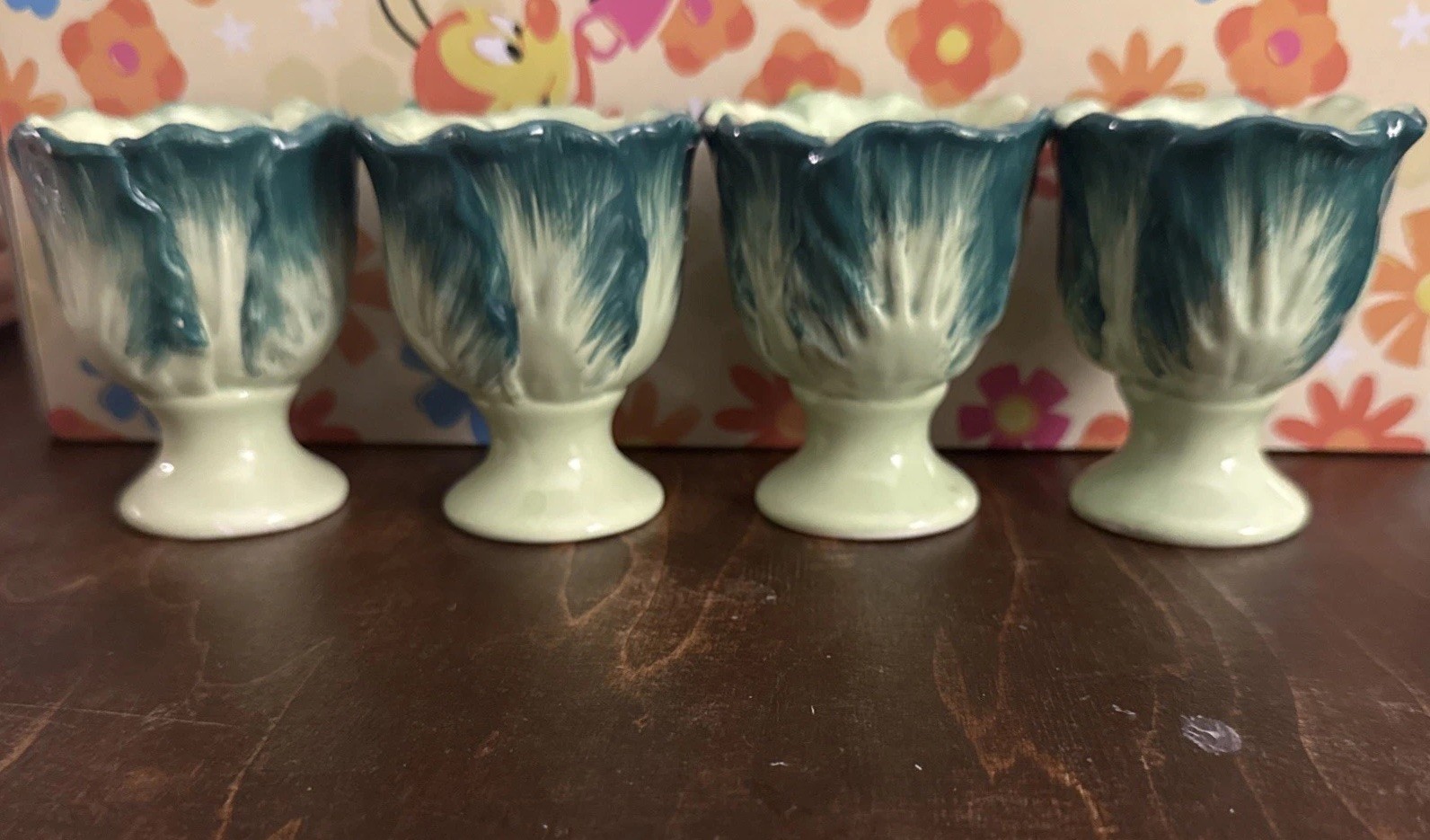 Vintage Ceramic Egg Cups 4 Anthropomorphic 1930’s 1950’s cabbage core