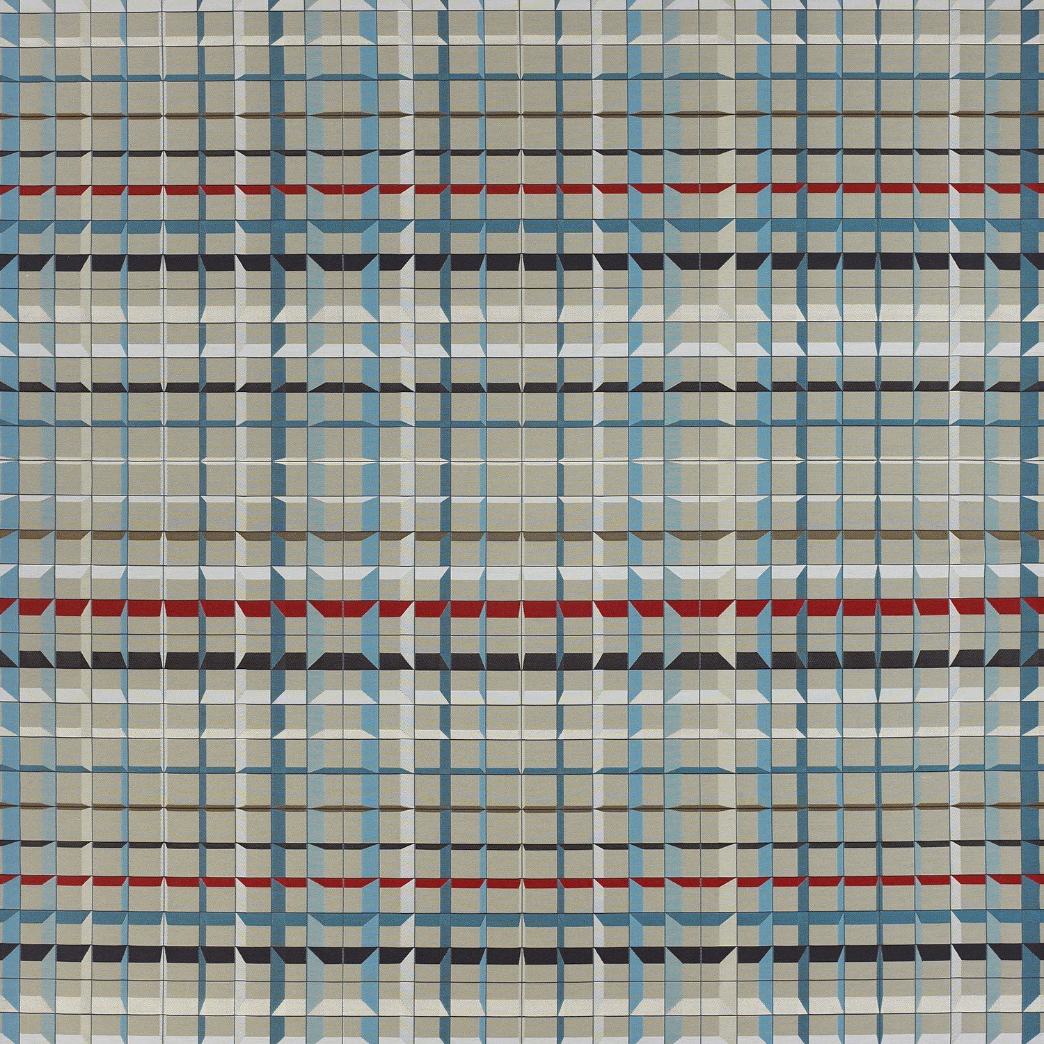 Momentum 3D Grid Baltic Blue, Gray, Black and Red Modern Upholstery Fabric