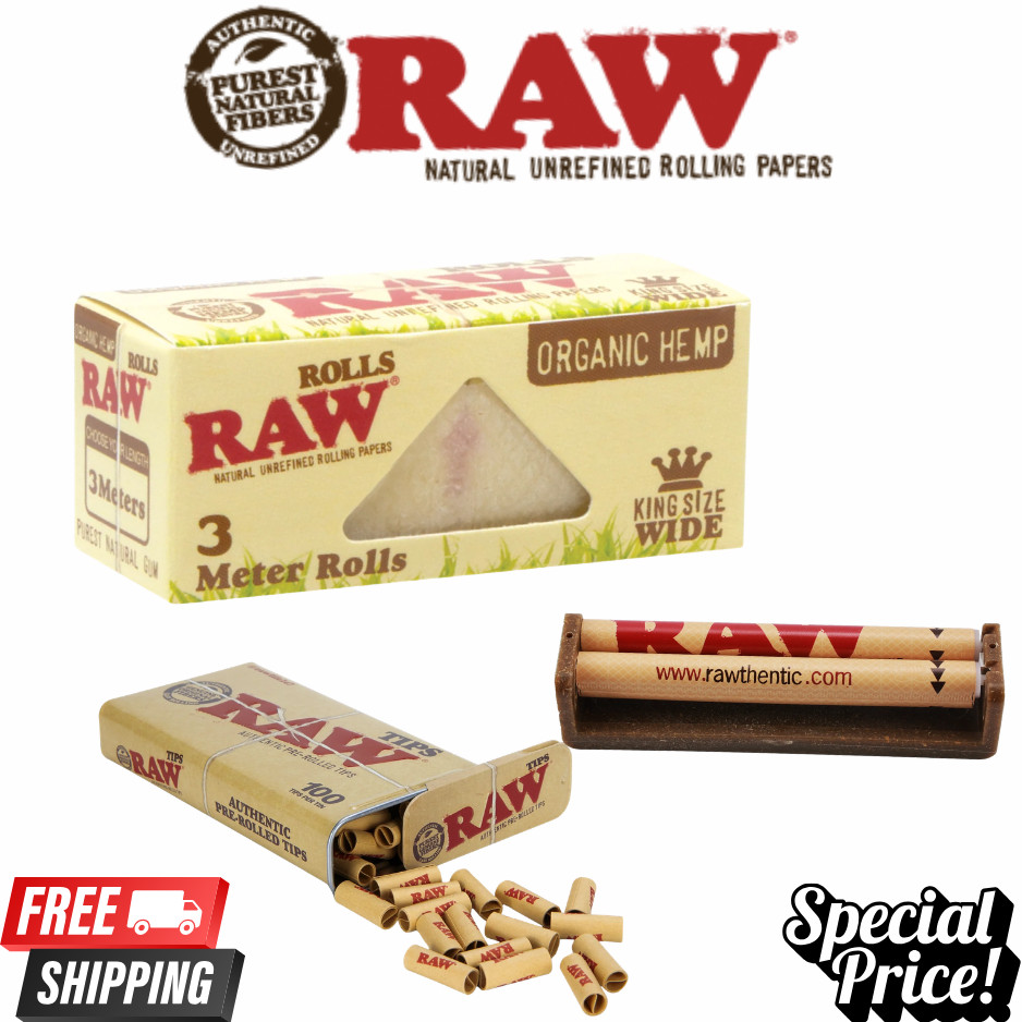 RAW Classic Organic King Size Wide 3 Meter Roll 110mm Machine 100 Tips Tin Set