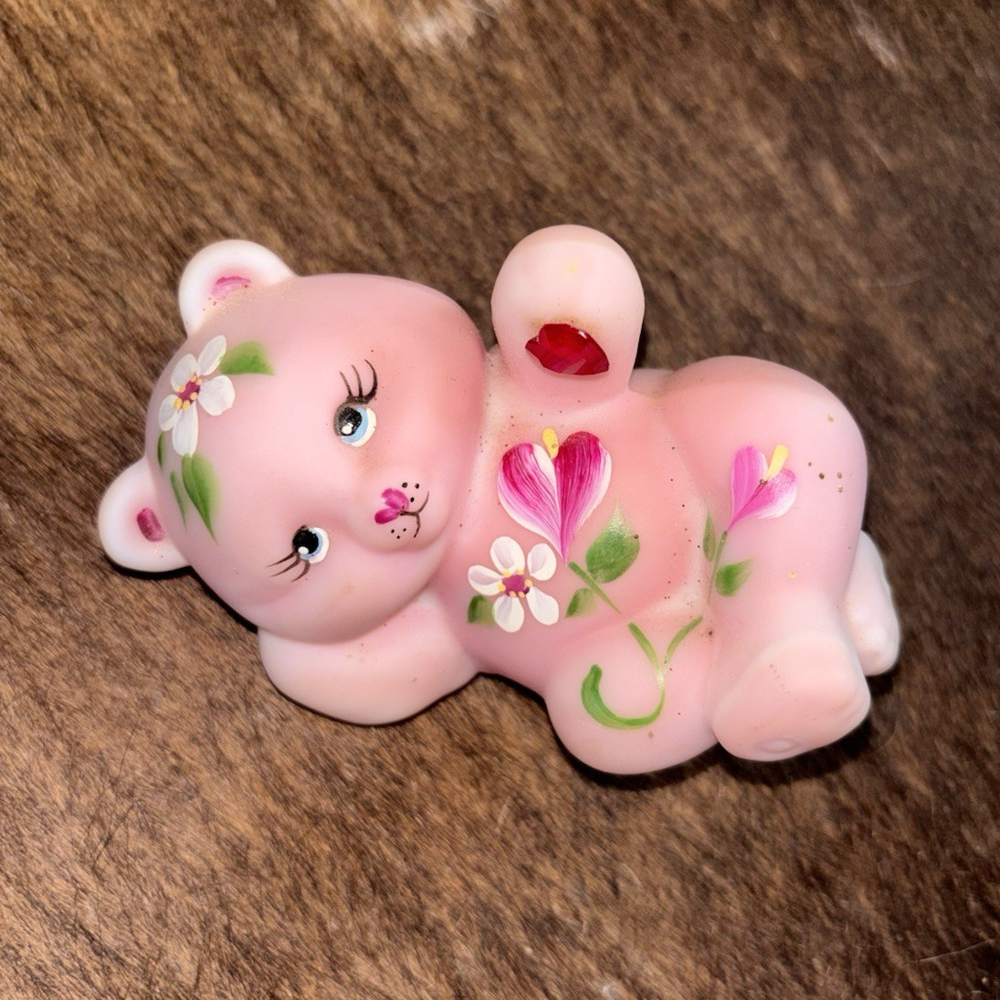 Vintage Signed Fenton Pink Satin Floral Heart Reclining Bear