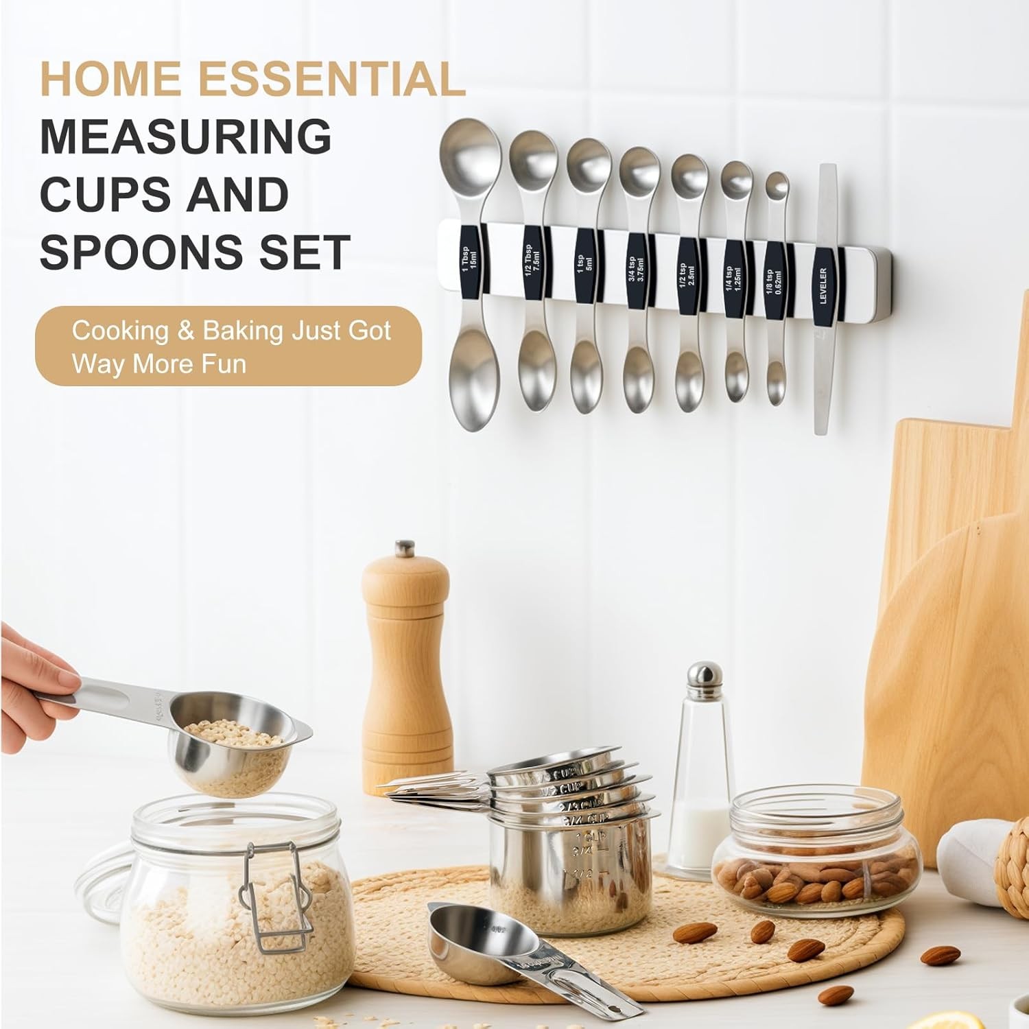 15Pcs Black Nesting Measuring Cups Spoons Set with Leveler