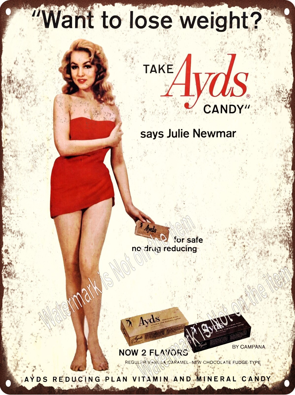1960s Ayds Candy Sexy Julie Newmar Catwoman Metal Sign 9×12″ A843