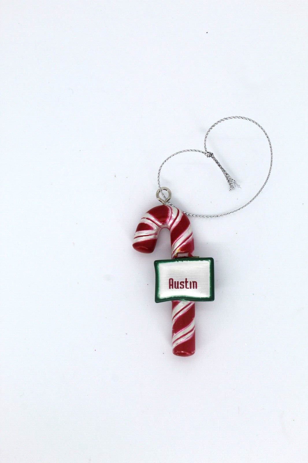 Ganz Candy Cane Red Silver Bow 2″ Personalized “Austin” Christmas Ornament