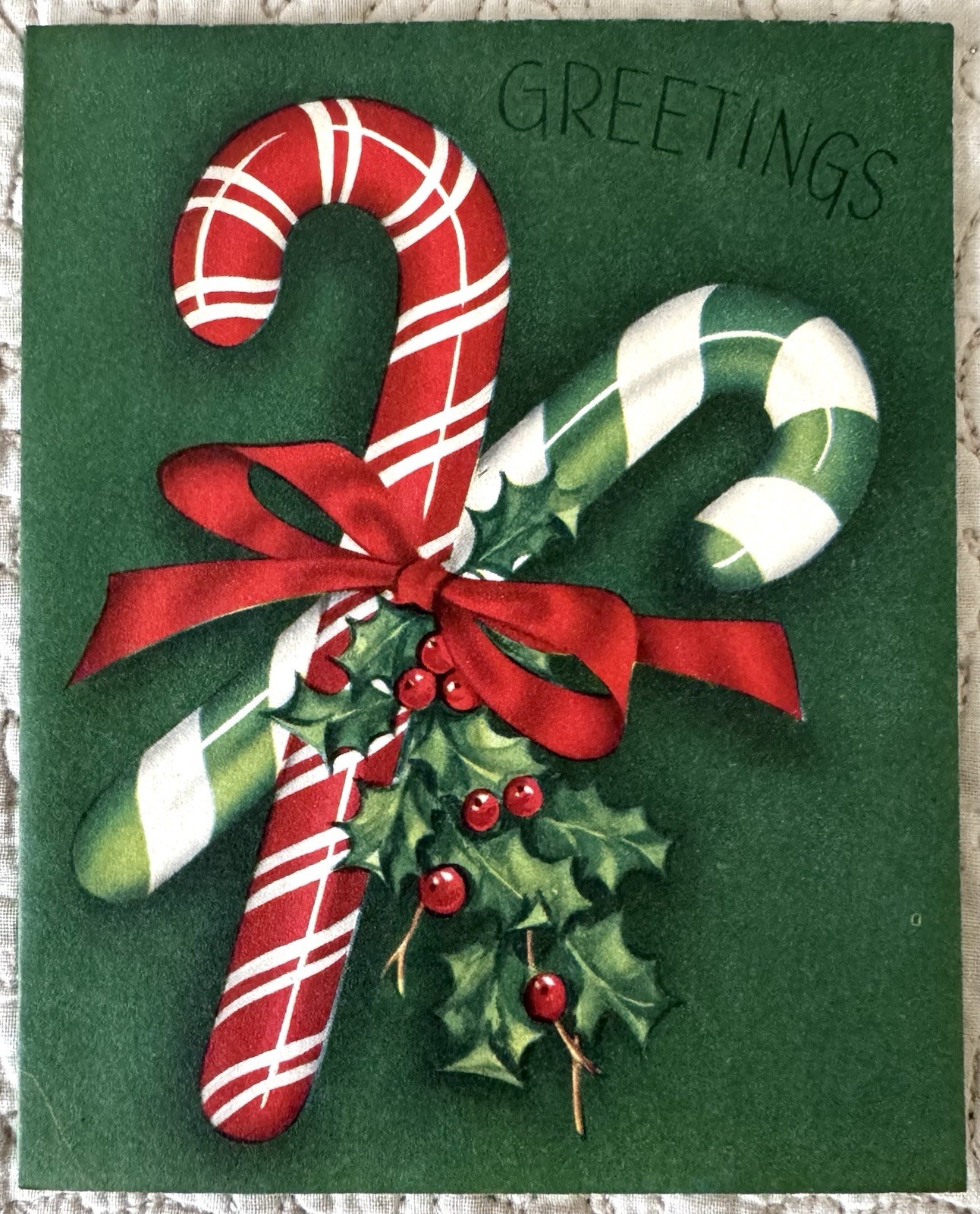 Unused Christmas Candy Cane Pair Berry Red Green Vtg Greeting Card 1940s 1950s