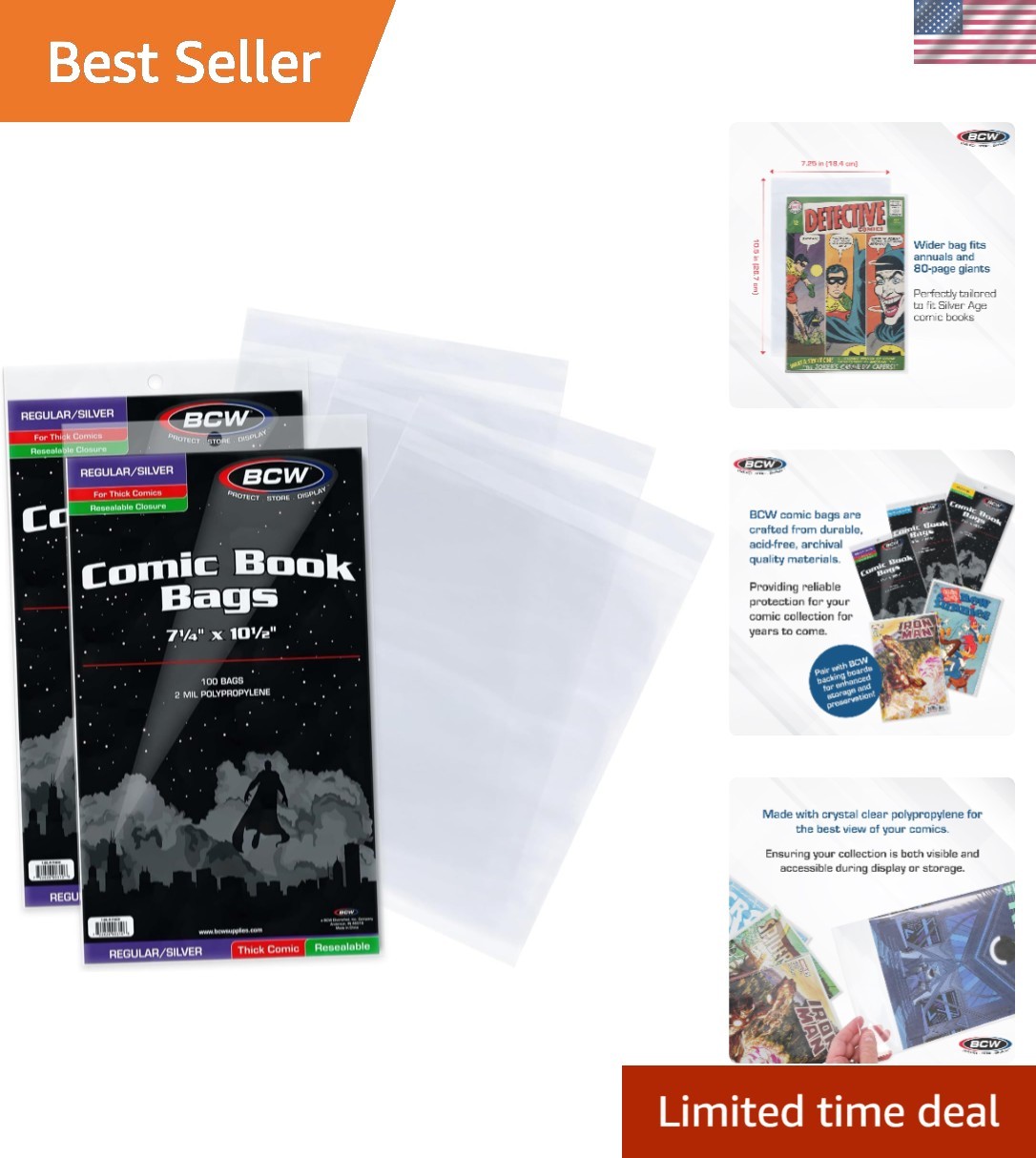 Resealable Thick Silver Age Comic Bags – 200 Ct | 7 1/4 X 10 1/2 Inches