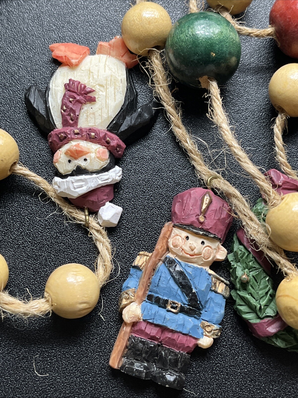 Vintage Christmas Garland 82″ Twine Wood Beads Resin Charm Figurines Old World