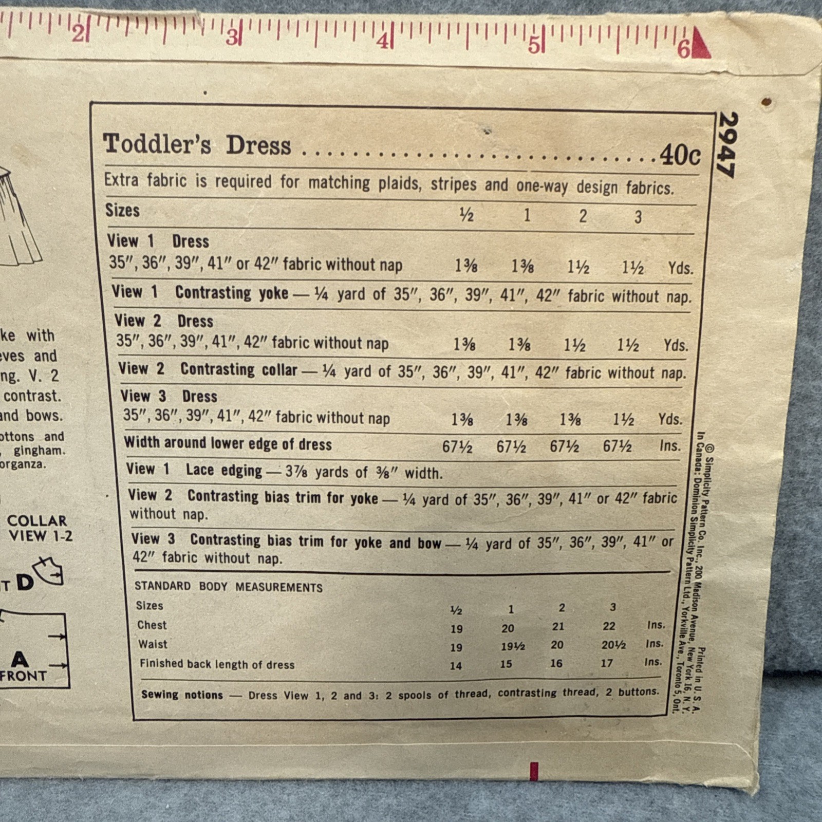 VTG Sewing Pattern Simplicity 2947 Baby Dress 50’s 6 – 12 Month Yoke Empire W