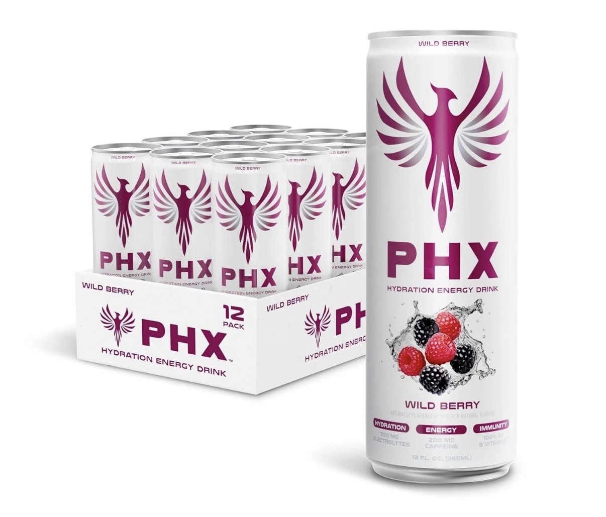 PHX Hydration Energy Drink 12 oz Cans (12 Pack) (12 Pack, Wild Berry)