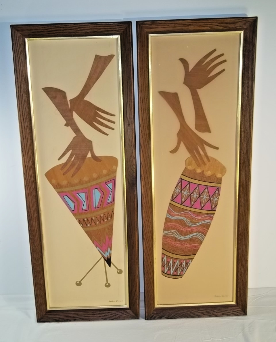 Pair Mid Century Turner Wall Accessory Arthur Davies African Drum Pictures