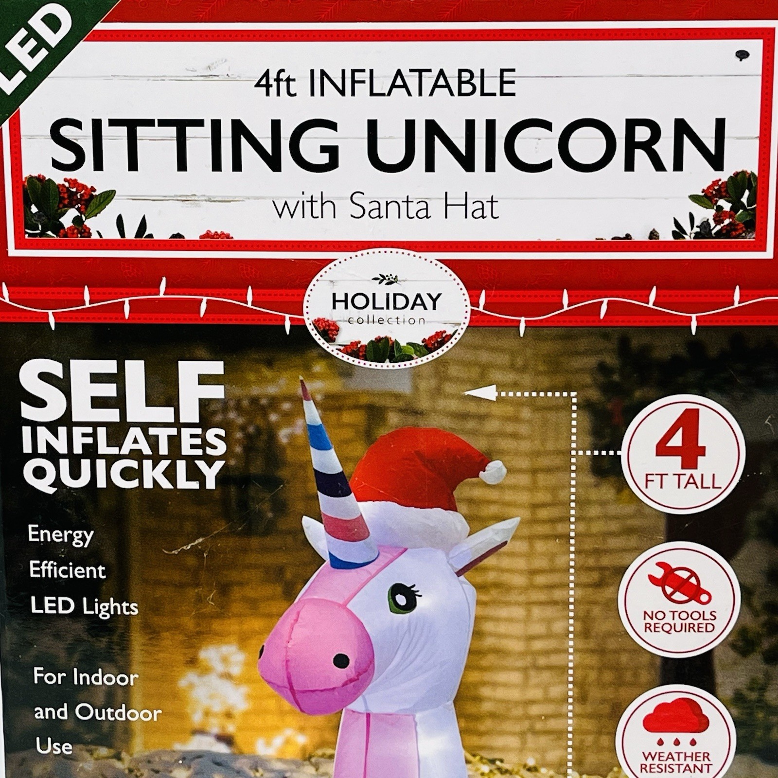 Holiday Collection 4 FT Inflatable LED Unicorn w/ Santa Hat Christmas Yard Decor