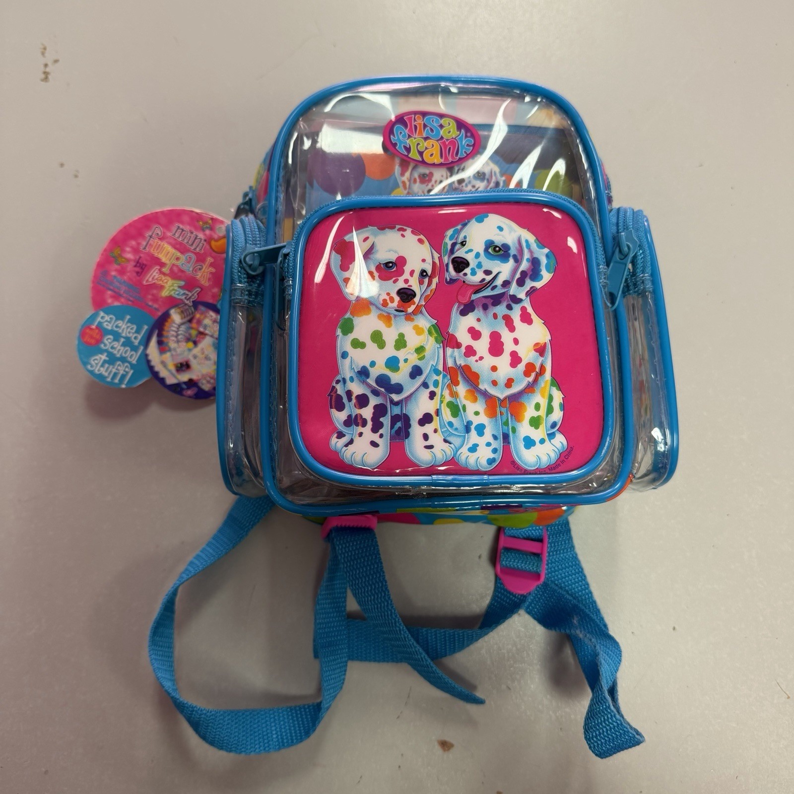 Lisa Frank Mini Clear Blue Zip Backpack w/ Dalmatian Print and Stationery