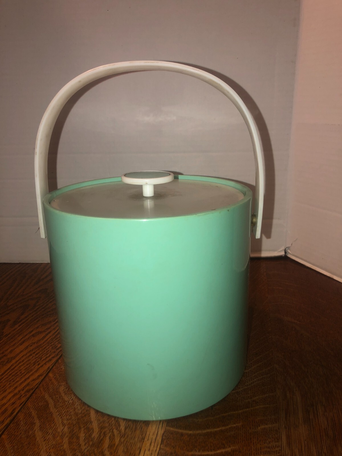 Vintage Retro MCM Aqua Blue Vinyl Ice Bucket W/Lid & Plastic Handle