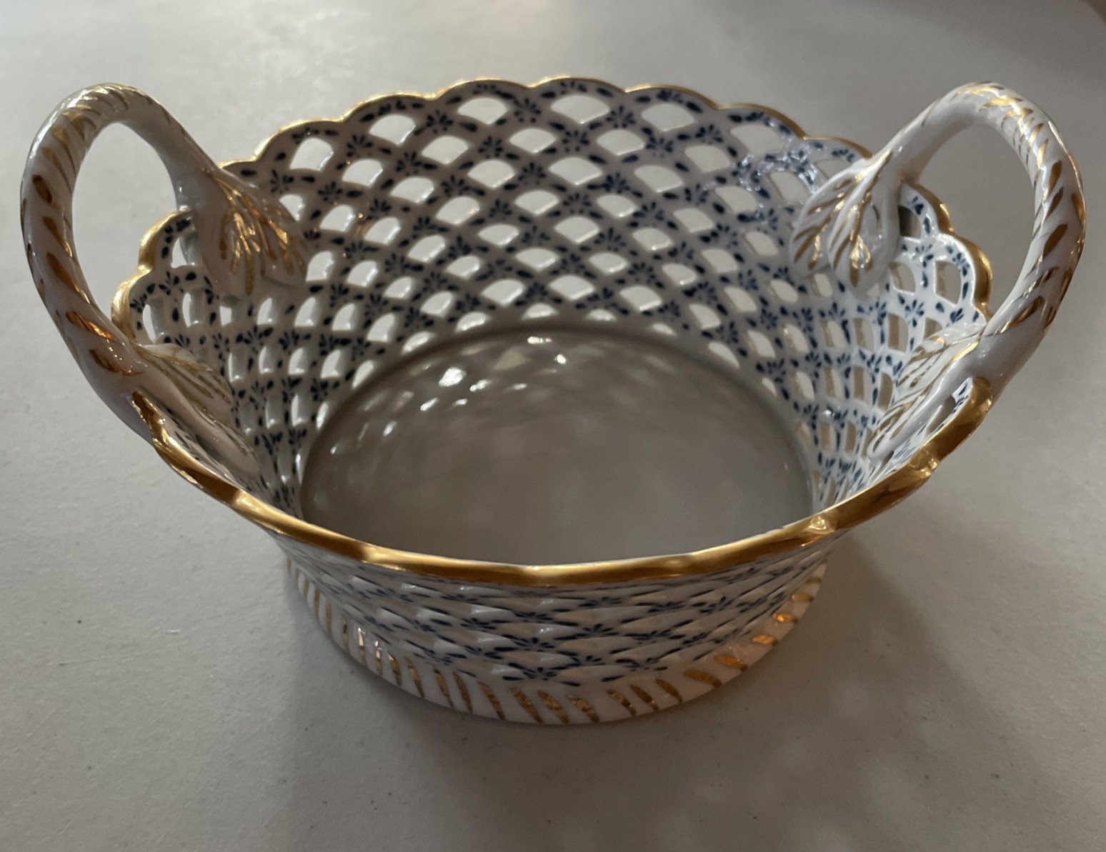 Vintage ANDREA BY SADEK White & Blue + Gold Accent Edges Reticulated Basket Bowl
