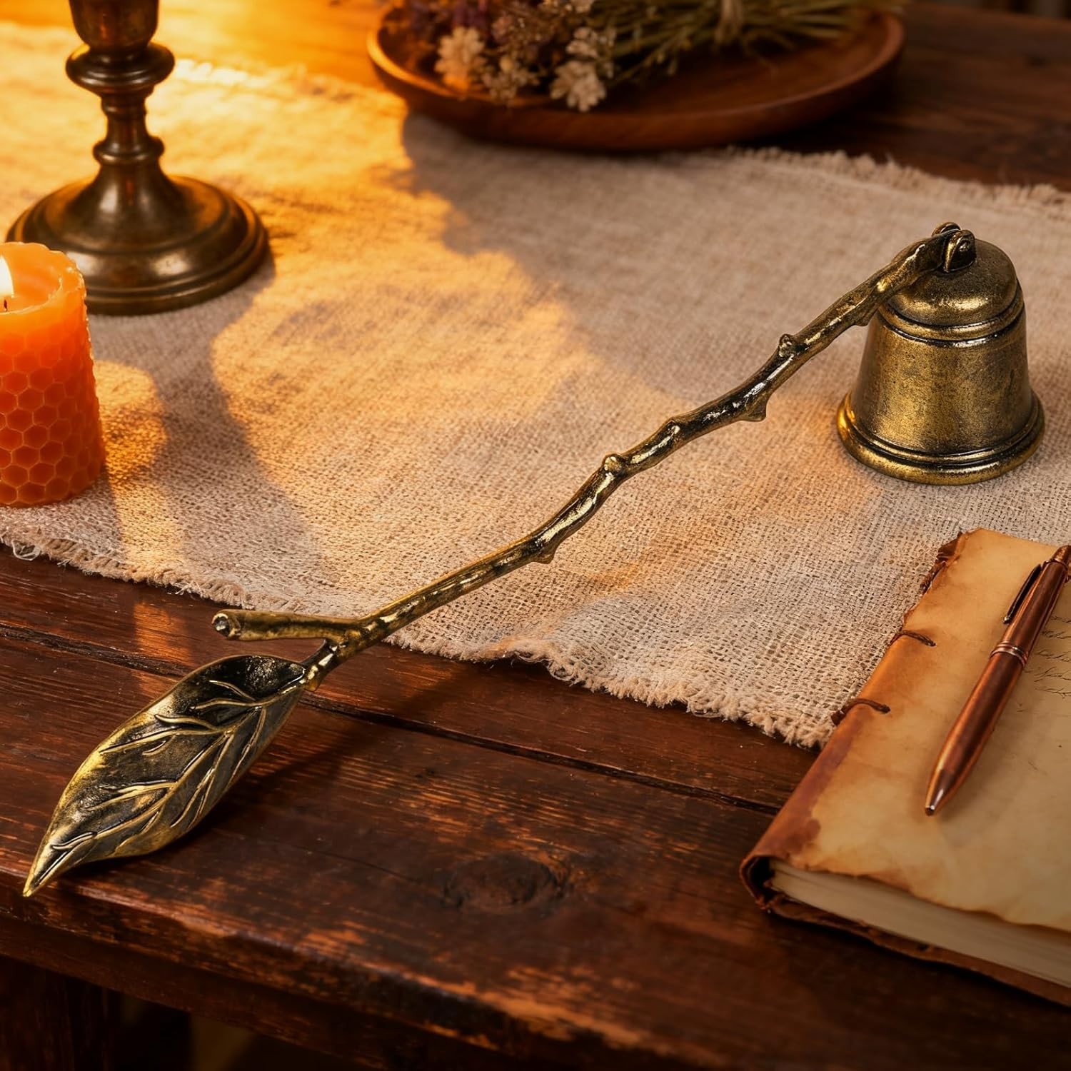 Vintage Leaf Candle Snuffer, Antique Gold Resin, 7.87 Inch Handle with 1.38 Inch