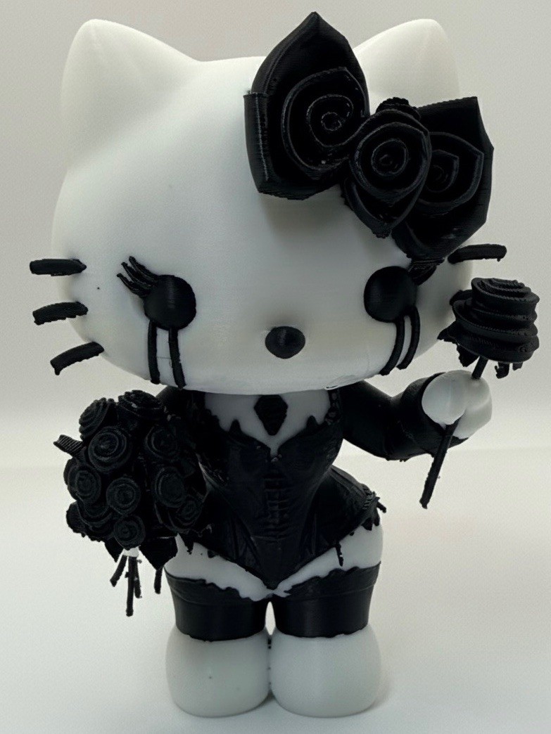 3D Printed Gothic Hello Kitty Figure Model Emo With Black Roses & Bow Decoration