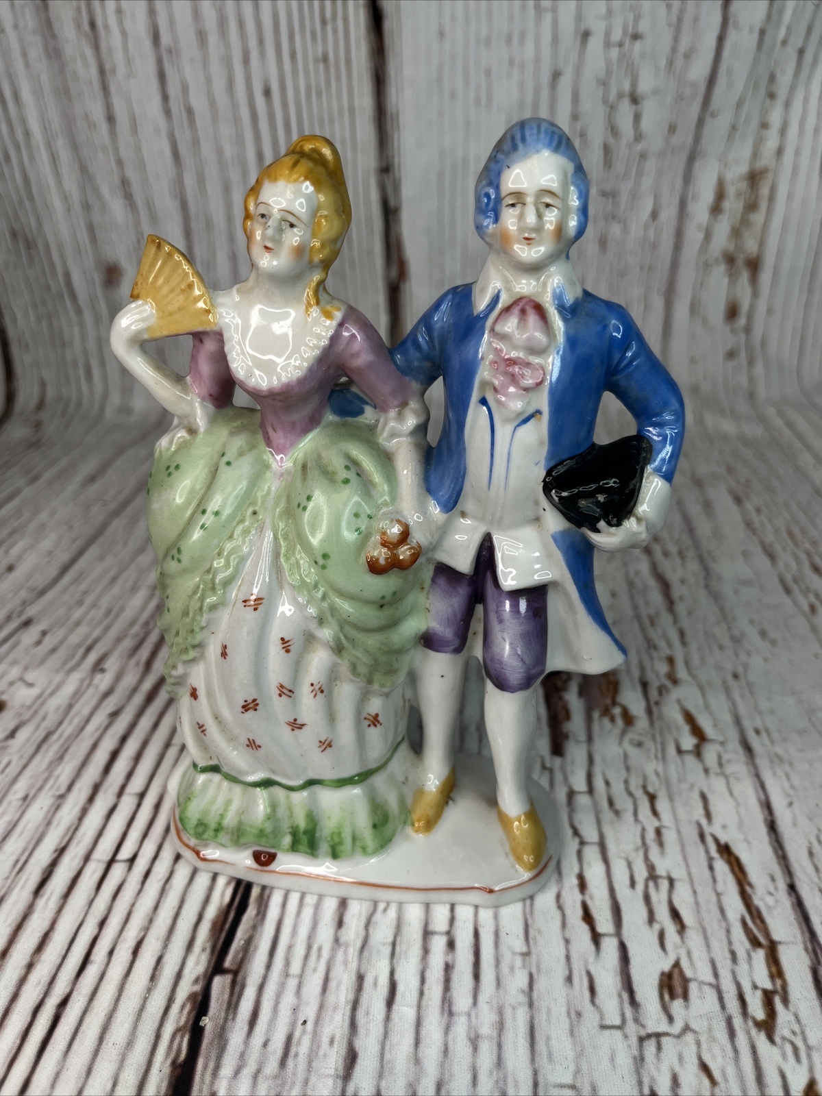 Antique Colonial Man And Woman Couple Hand Panted In Japan Porcelain Figurine