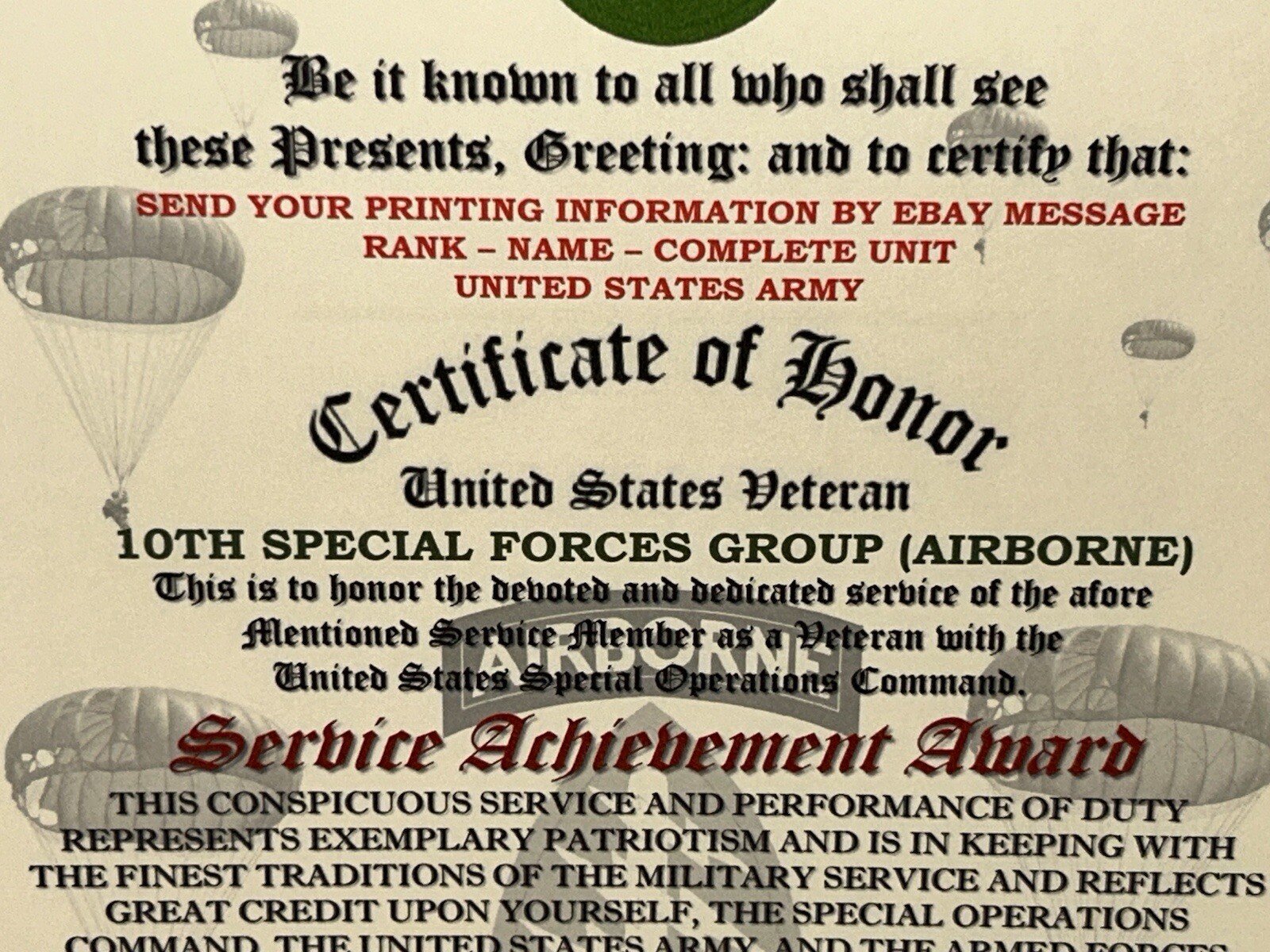 U.S. ARMY – 10TH SPECIAL FORCES GROUP (ABN) VETERAN SERVICE ACHIEVEMENT AWARD