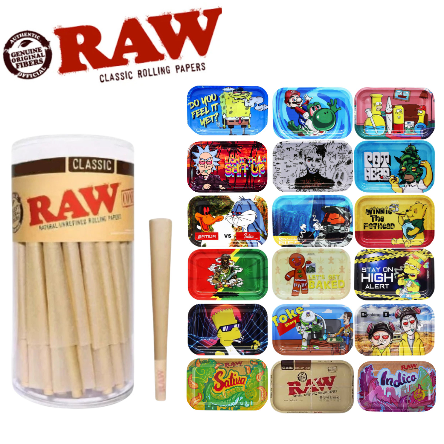 RAW Classic 1 1/4 Pre-Rolled Cones 50pk Extra Fine w/ Free Rolling Tray 11 x 7