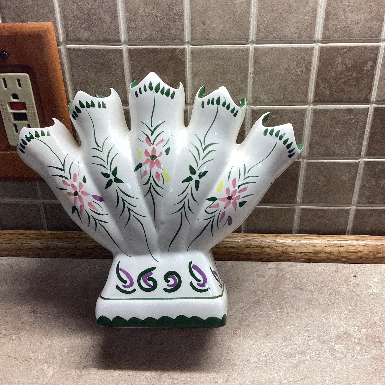 Five Finger Trumpet Fan Vase Hand Painted Floral Design Flower Holder-7.5” Tall