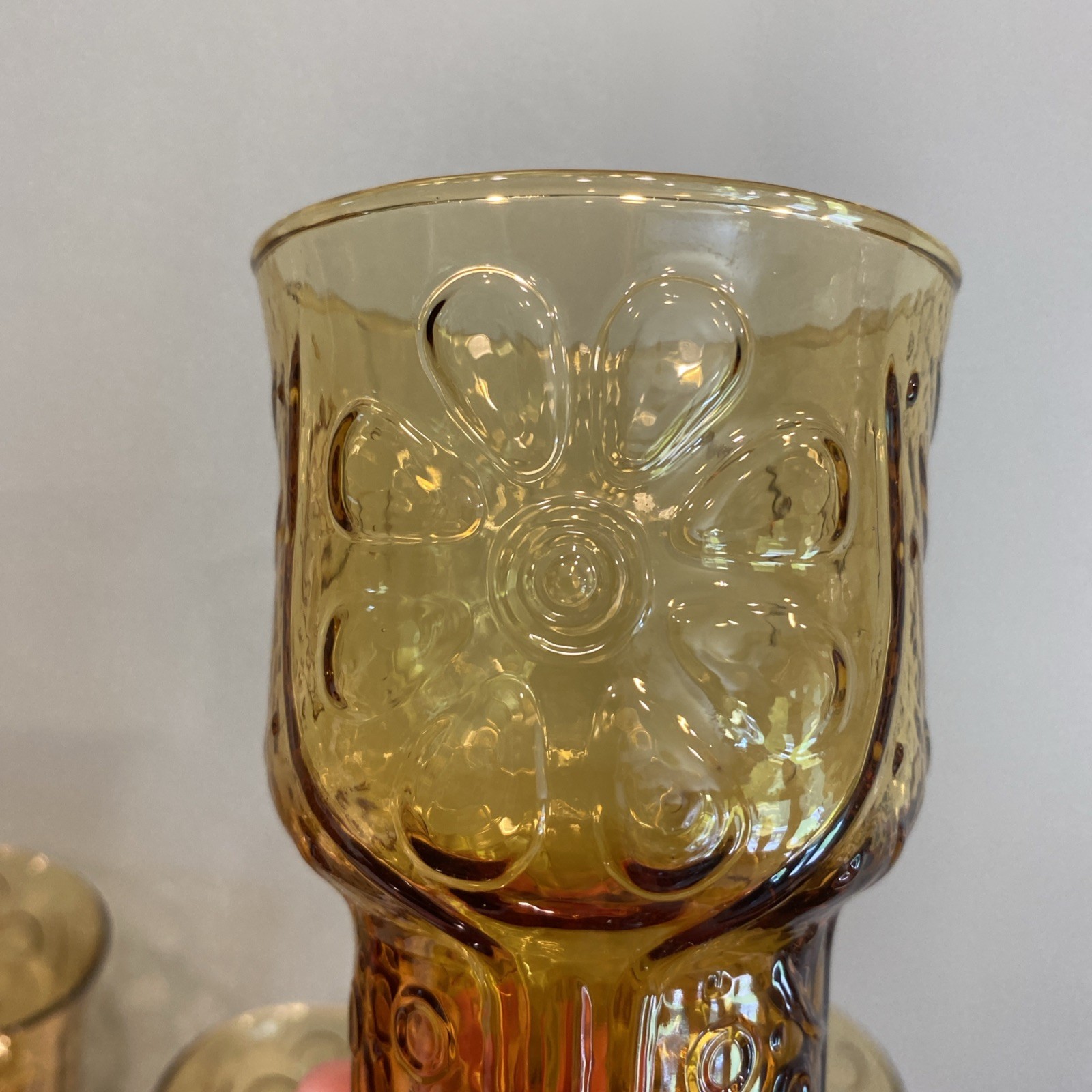 Vintage Libbey Daisy Pattern 5” Amber Drinking Glass ‘Country Garden’ Set of 5