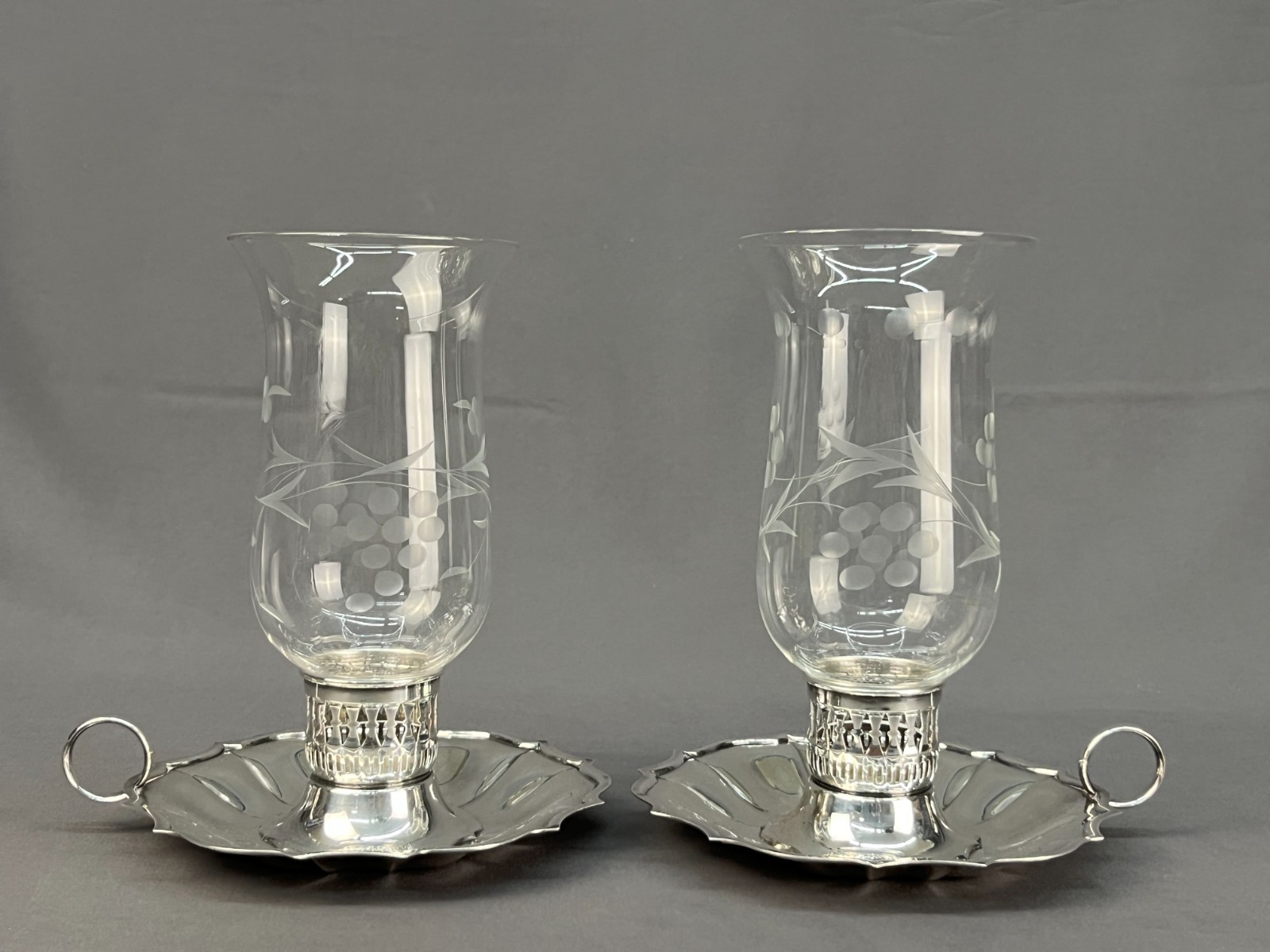 2 Vintage Silverplate Etched Hurricane Glass 7 3/4″ Chamberstick Candle Holders
