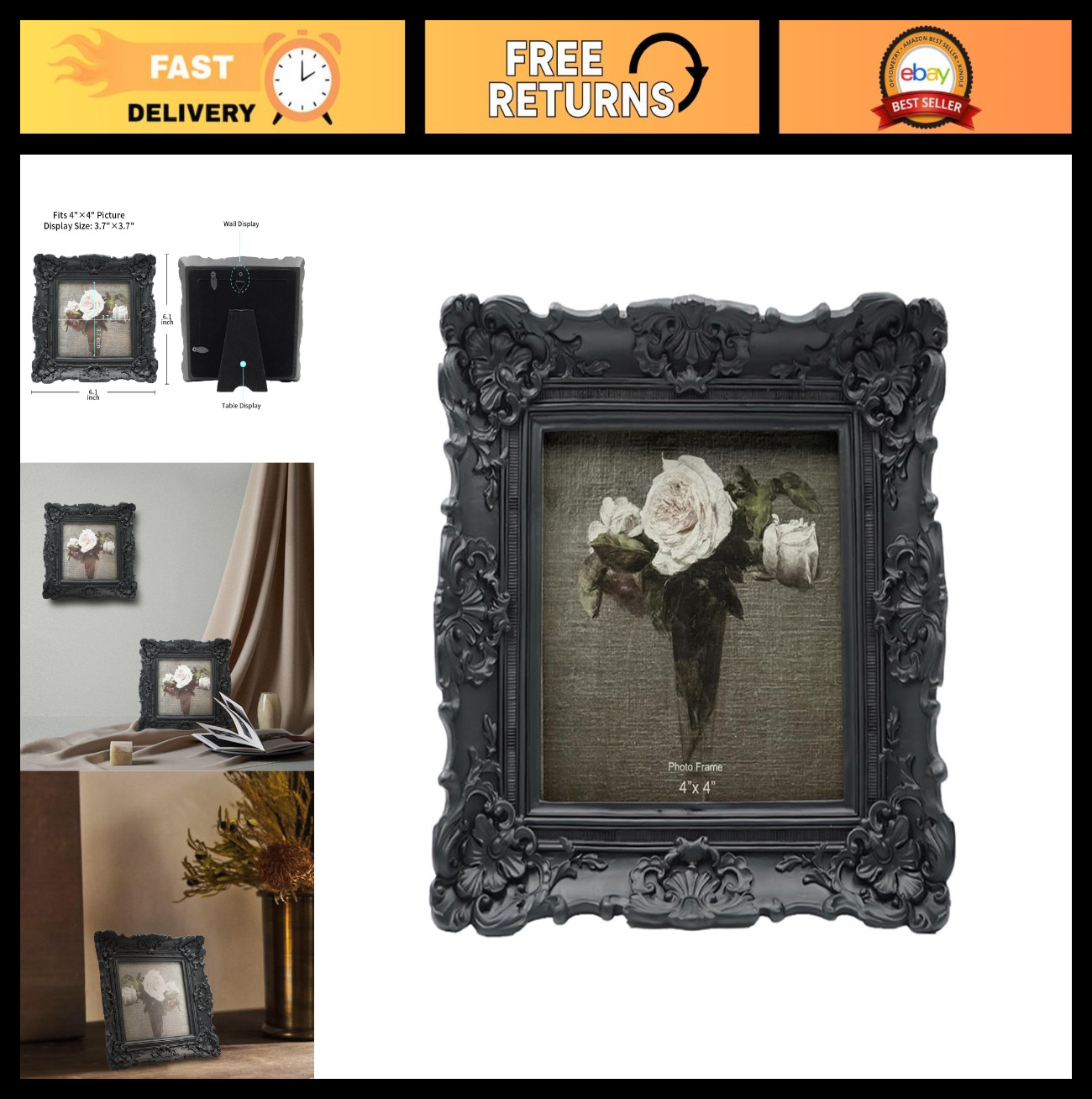 Ornate Vintage 4×4 Black Square Picture Frame – Wall & Tabletop Decor, Floral De