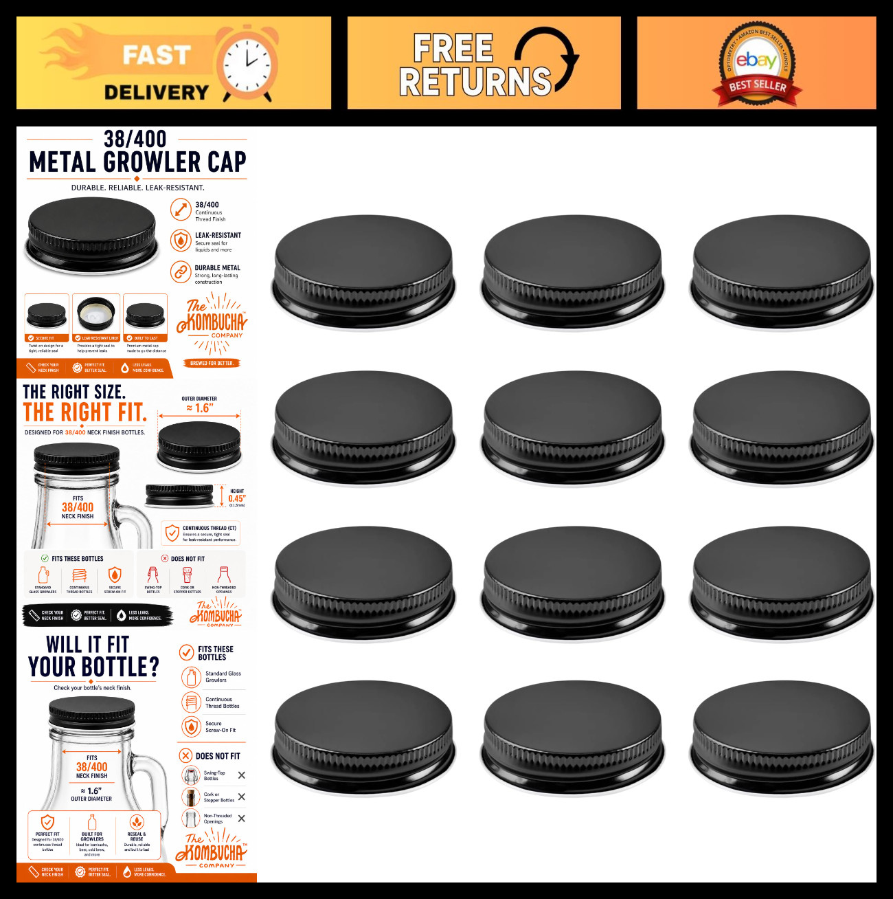 Metal Growler Caps for 1-Gallon & 1/2-Gal Glass Jugs – Food Grade, 1.5″ Dia, 12