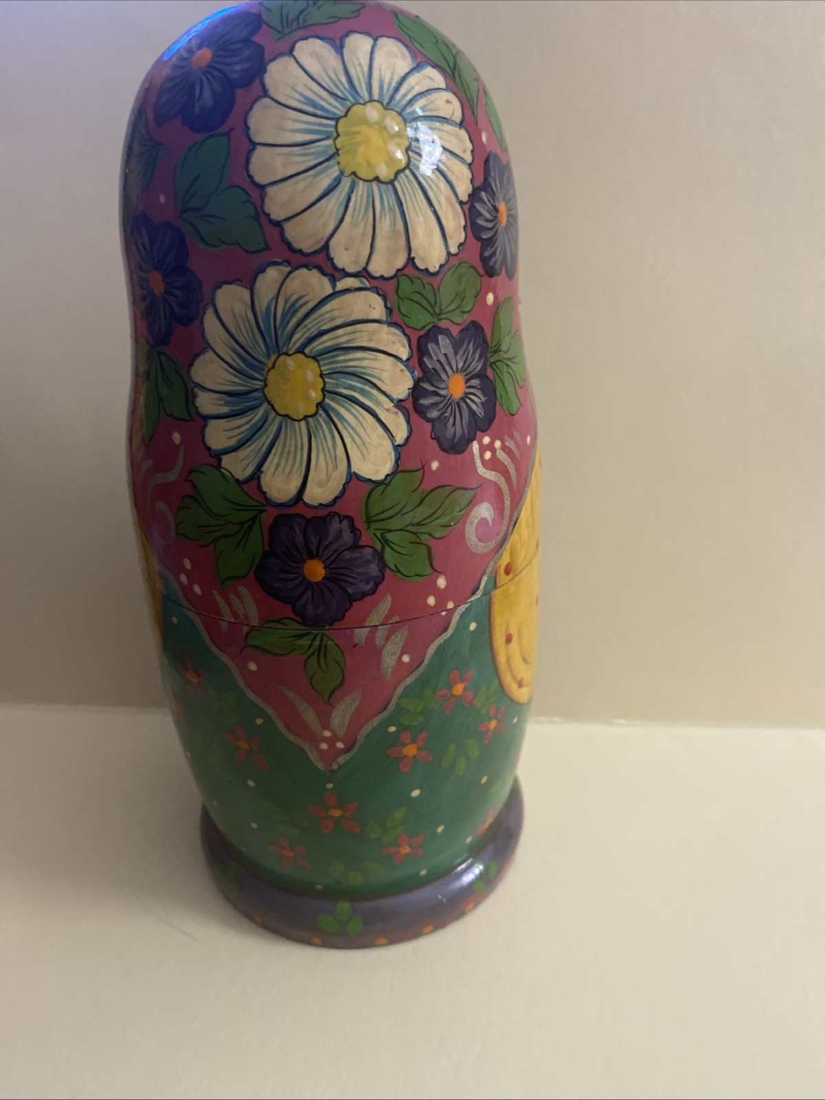Vtg Morozovo Blue/Green Floral Russian Santa&Ms Claus Nesting Doll(5 Dolls)7.5”