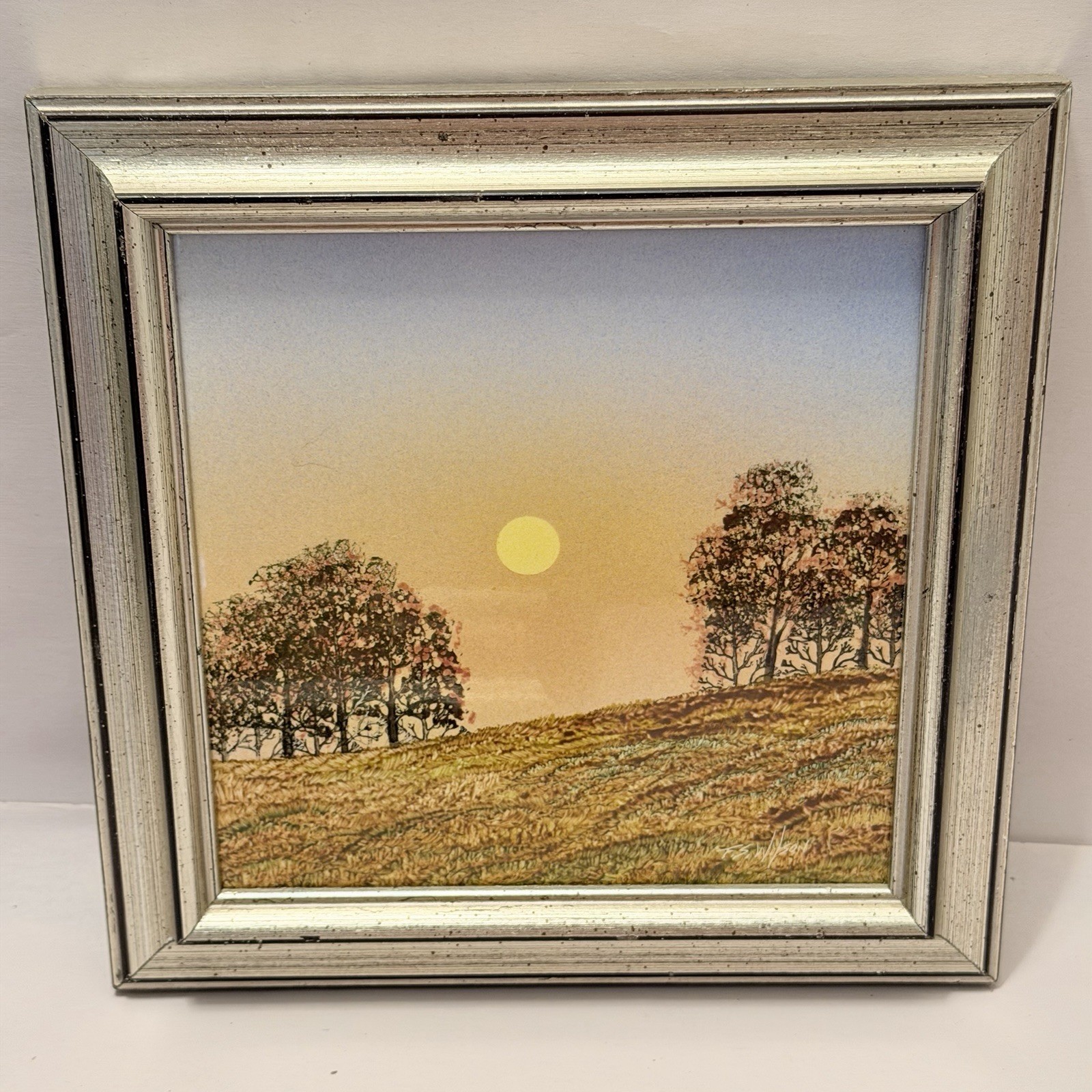 Frank S. Wilson Hand Painted Ceramic Tile Wall Art Moon Landscape Lodge USA VTG