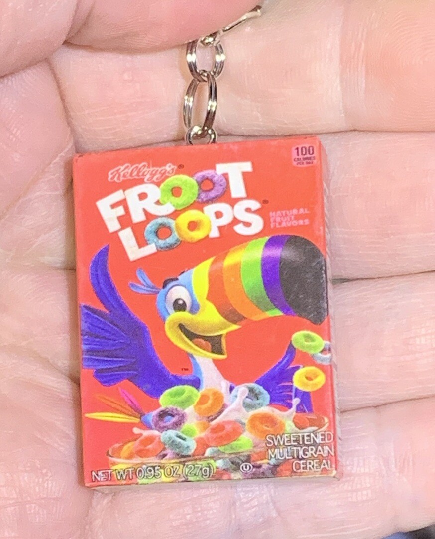 3D Froot Loops Double Sided Cereal Box Charm Zipper Pull & Keychain Add On Clip