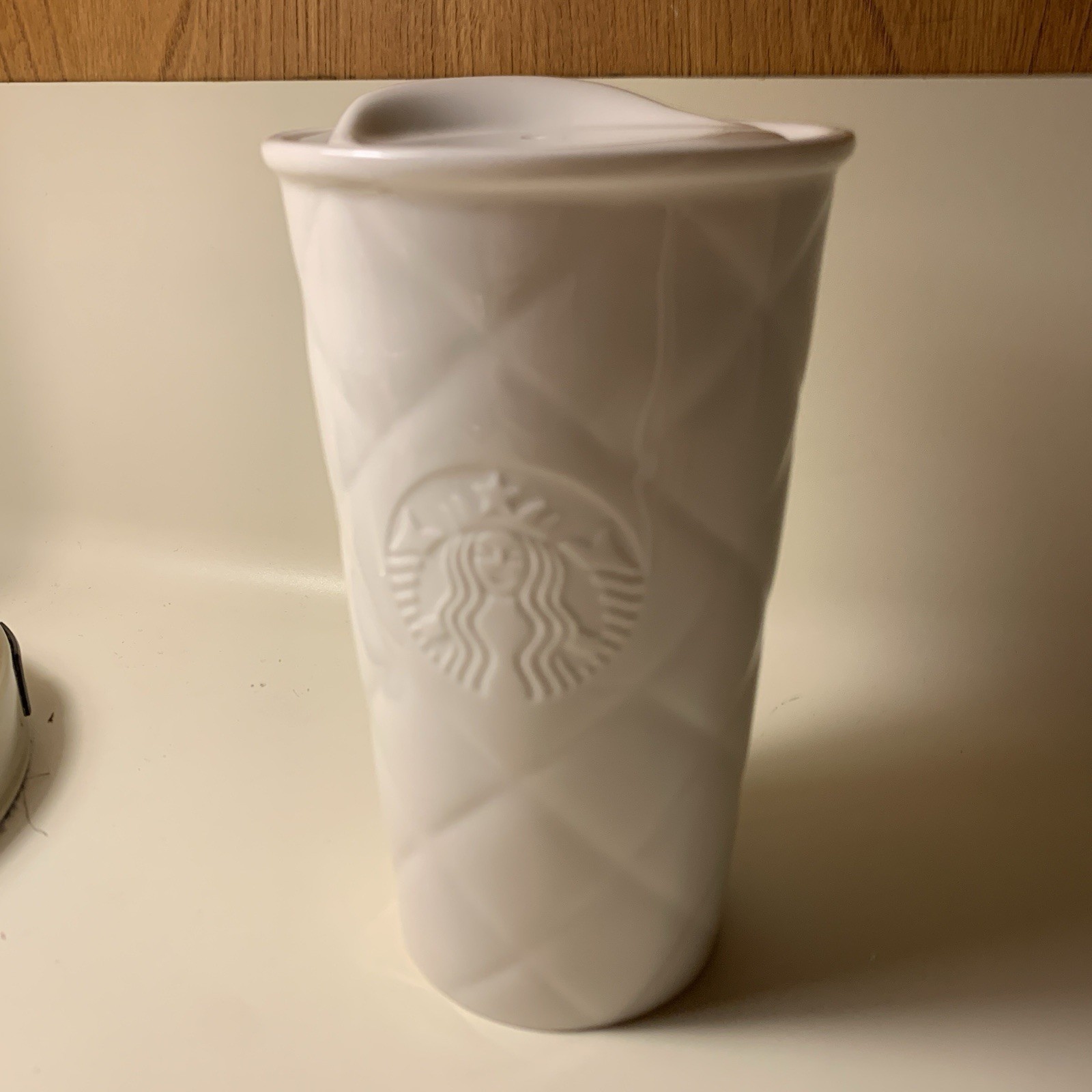 Starbucks Ivory Ceramic Tumbler w Lid Quilted Embossed Pattern Siren 2012