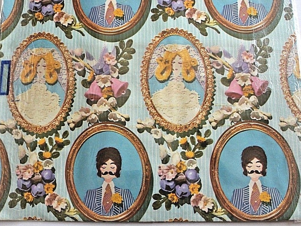 Vintage Gift Wrap Wrapping paper Bride Groom MCM Wedding Sealed 70’s Mod NOS