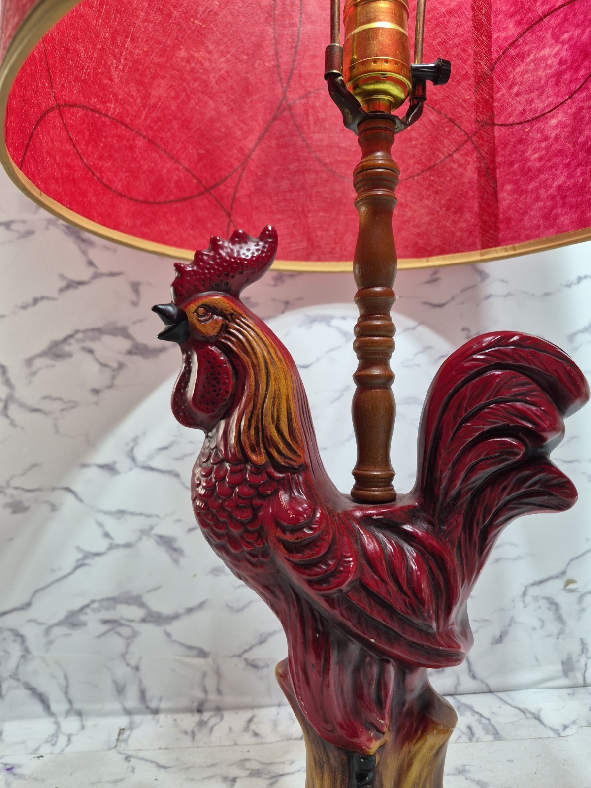 Mcm 1960s Chalkware Rooster Table Lamp Turned Wood Farm Decor