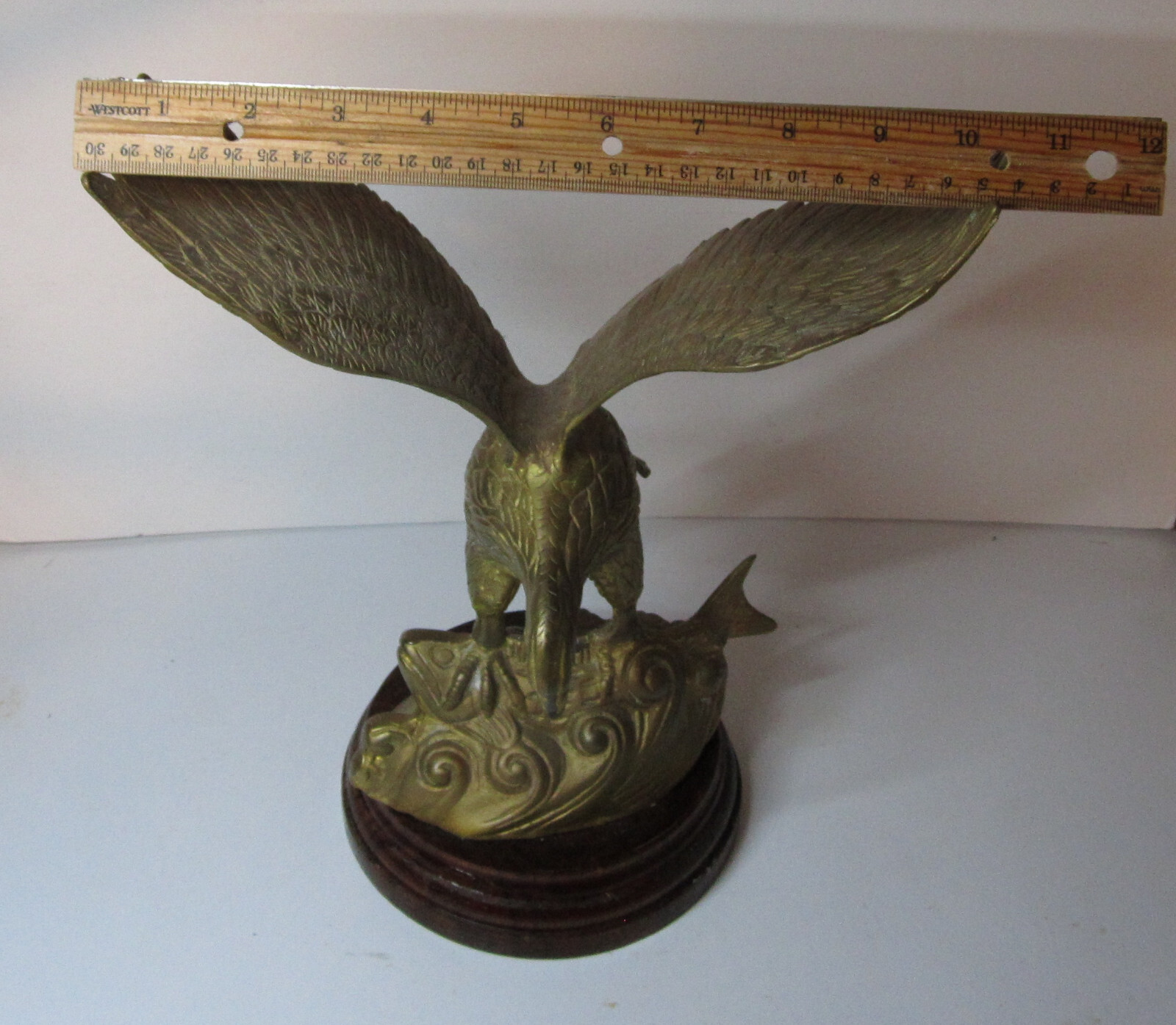 Large Brass Eagle Catching Fish Statue 11″ Wing Span India 4.2 Pounds India