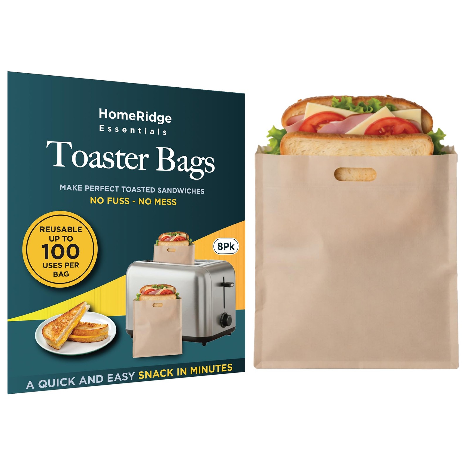Reusable Toaster Bags for Sandwiches – Non-Stick Oven Medium, Beige