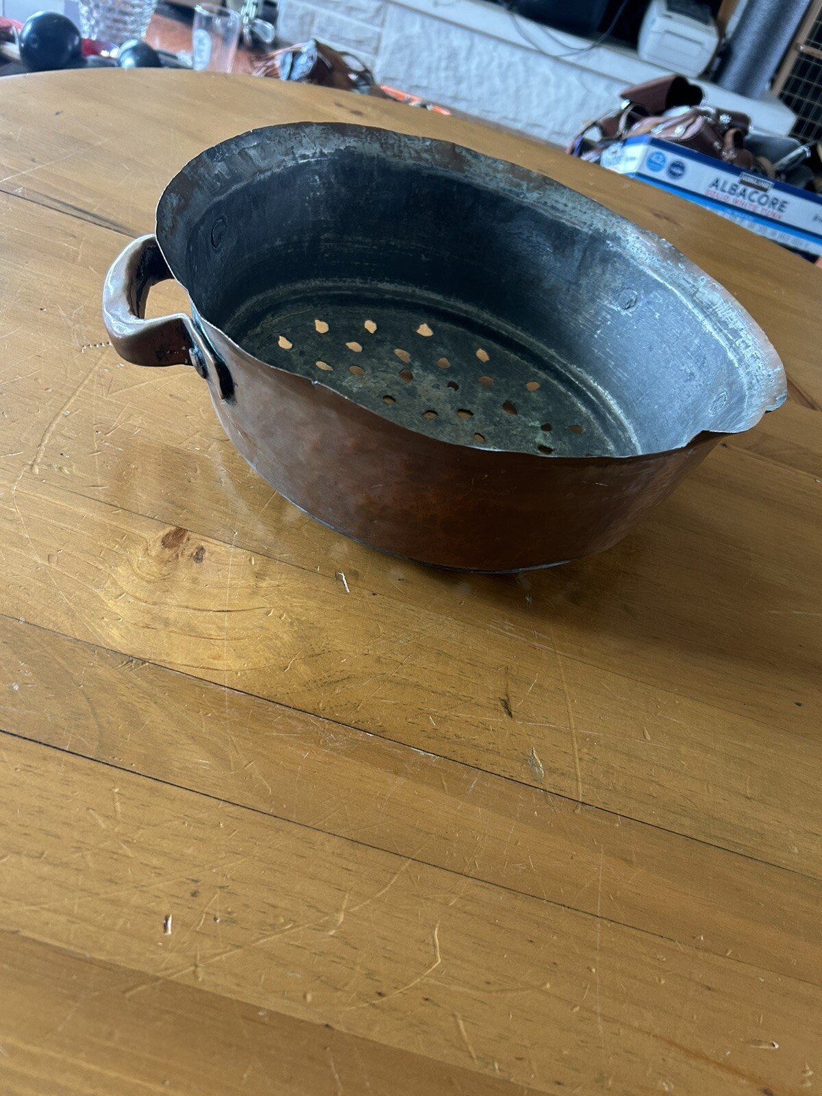 Antique copper/hot tin lined strainer/sieve/colander-handmade-12×4”-3.2 pounds!
