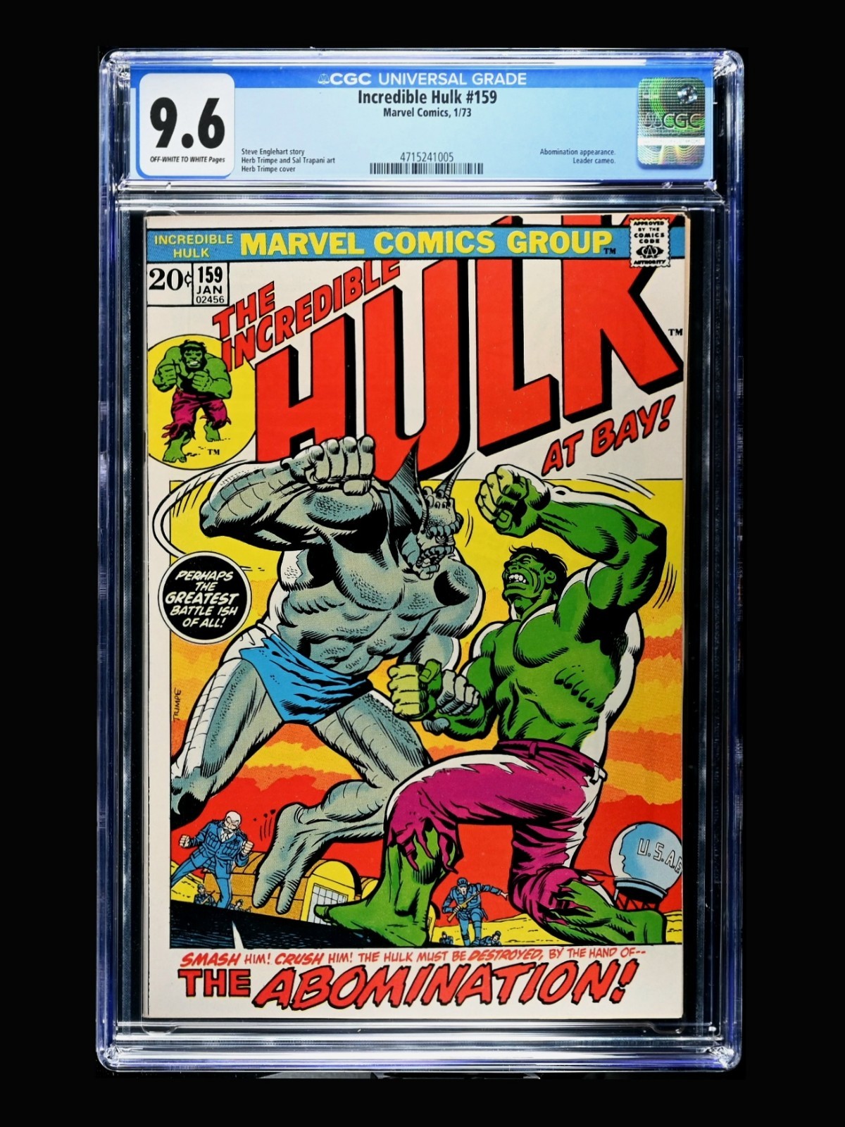Incredible Hulk #159 Marvel 1973 CGC 9.6 / Hulk vs Abomination / Leader Cameo