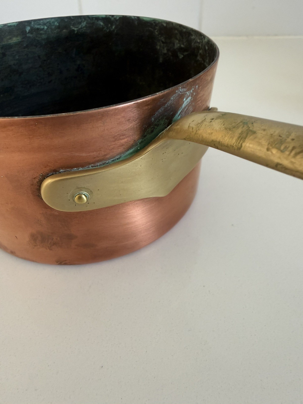 Vintage Solid Copper Pot sauce pan 4.75” Diameter, Brass Handle Italy