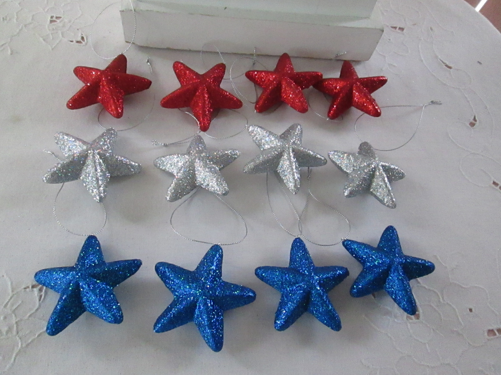 12- 3″ Patriotic Red,Silver & Blue Glitter Star Ornaments – 4th of July, New