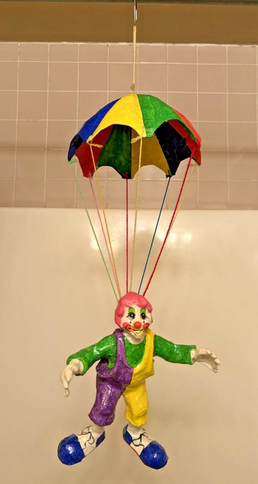 Vtg Papier Mache Parachute Clown Folk Art Balloon Figure Circus Decor Paper 29″