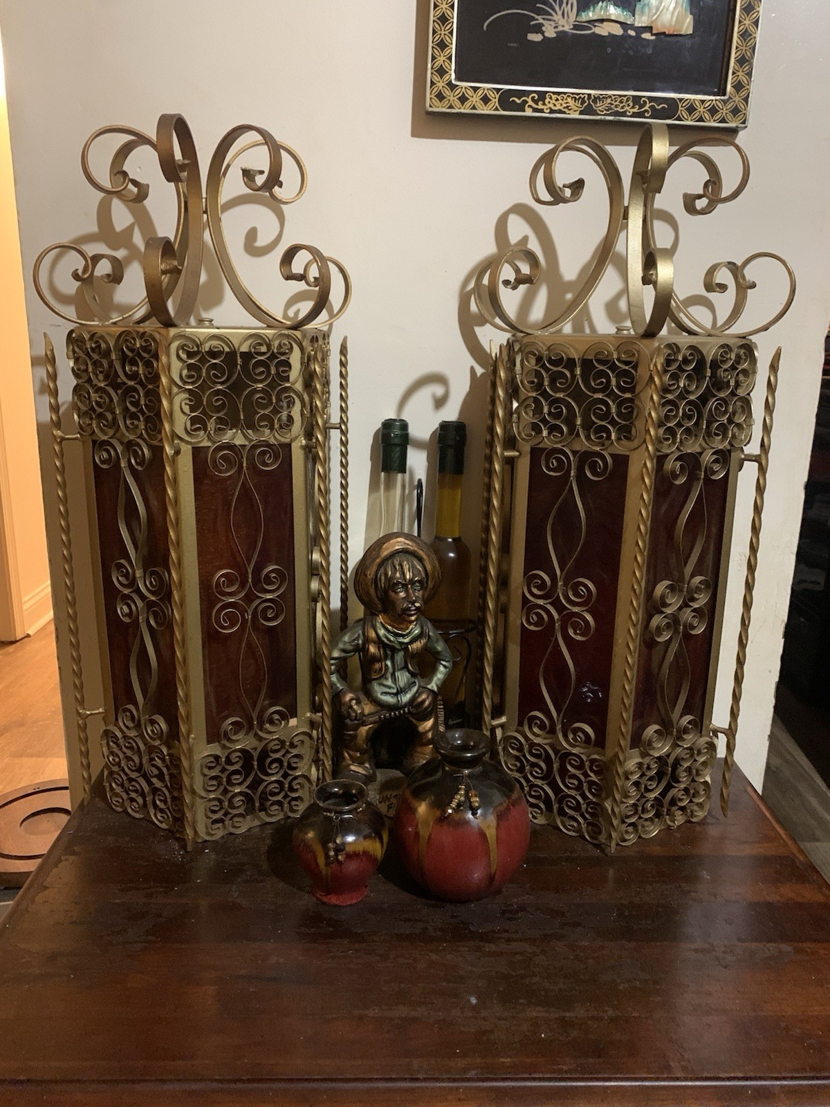Vintage Pair Gold Metal Scrollwork Wall Mount Candle Holder Sconces, Rectangular