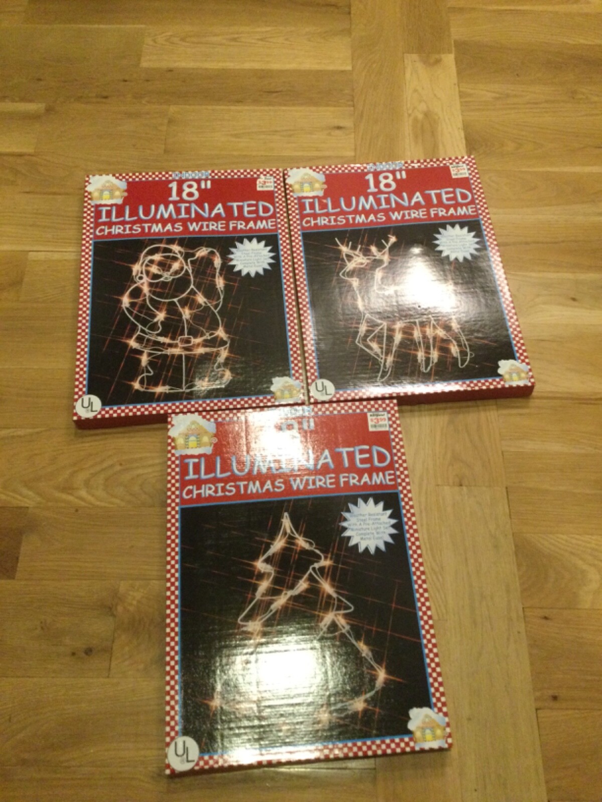 Lot of 3 Illuminated Christmas Wire Frame 18” Indoor Hanging Lights NOS tested