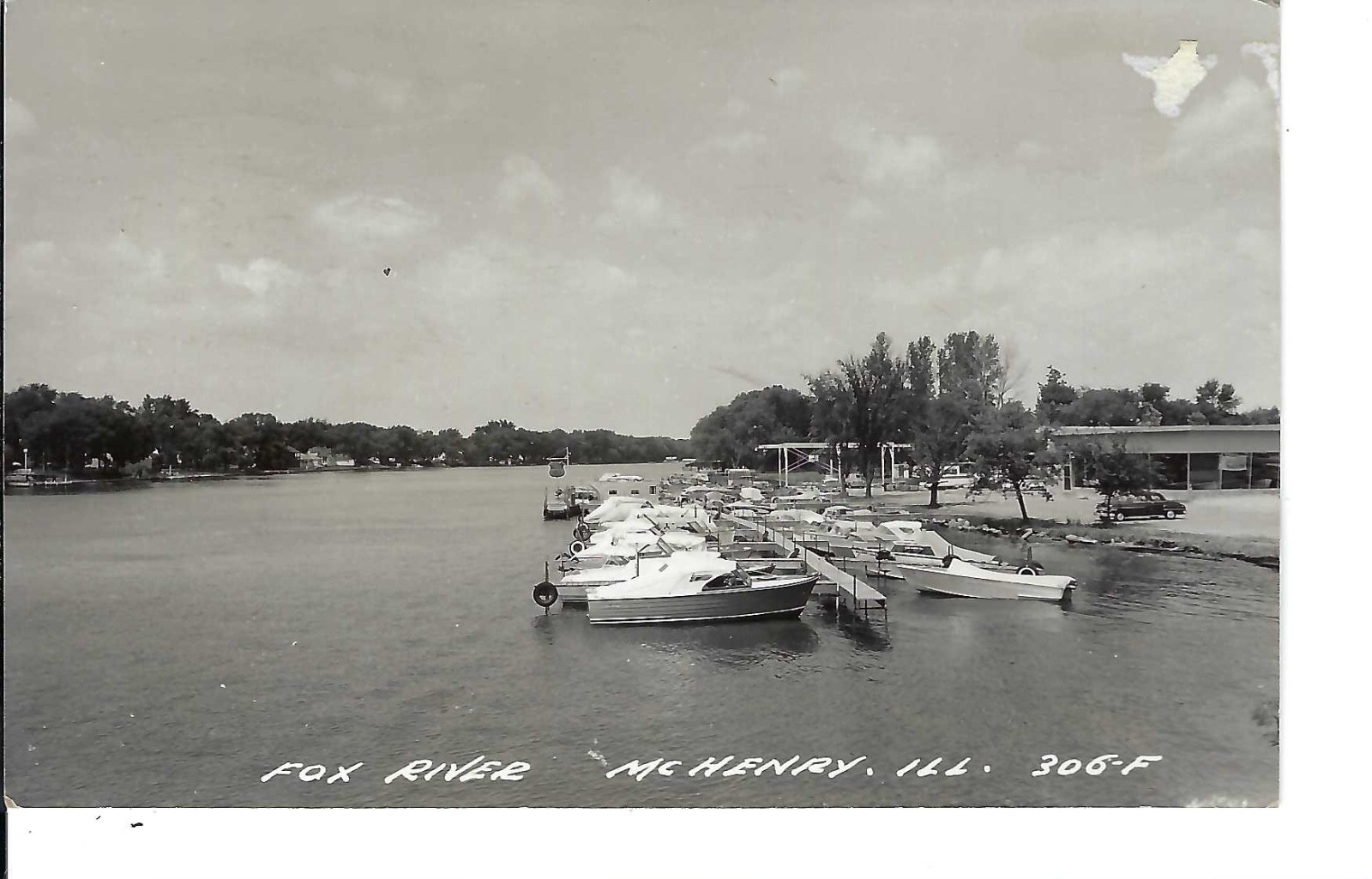 RPPC Real Photo Postcard Illinois McHenry Fox River Boat Landing Phillips 66 gas