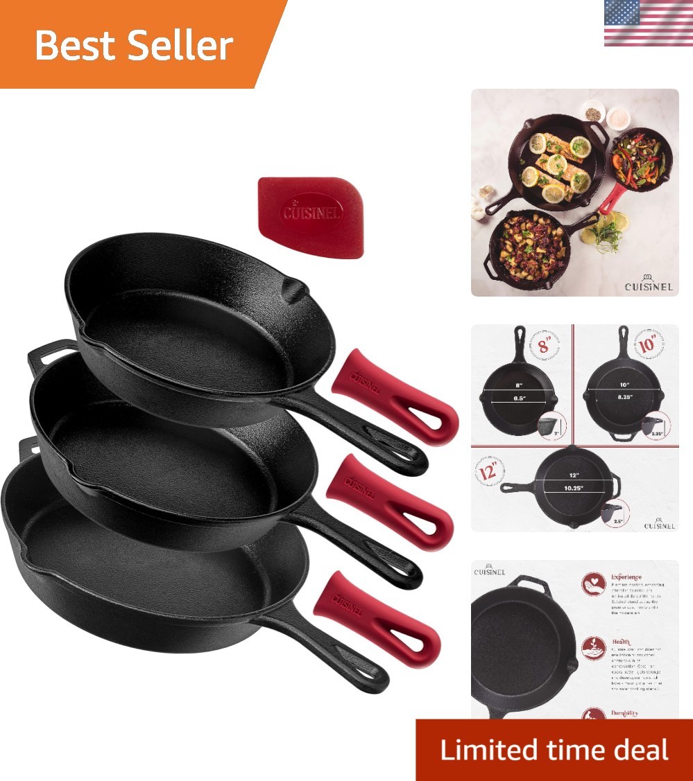 Elegant Cast Iron Skillet Set – 8” 10” 12” with Silicone Grip – Pre-Seasoned