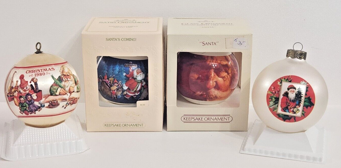 4 VTG Hallmark Christmas Ball Ornaments Santa Theme 1980-2001 Festive Hanging