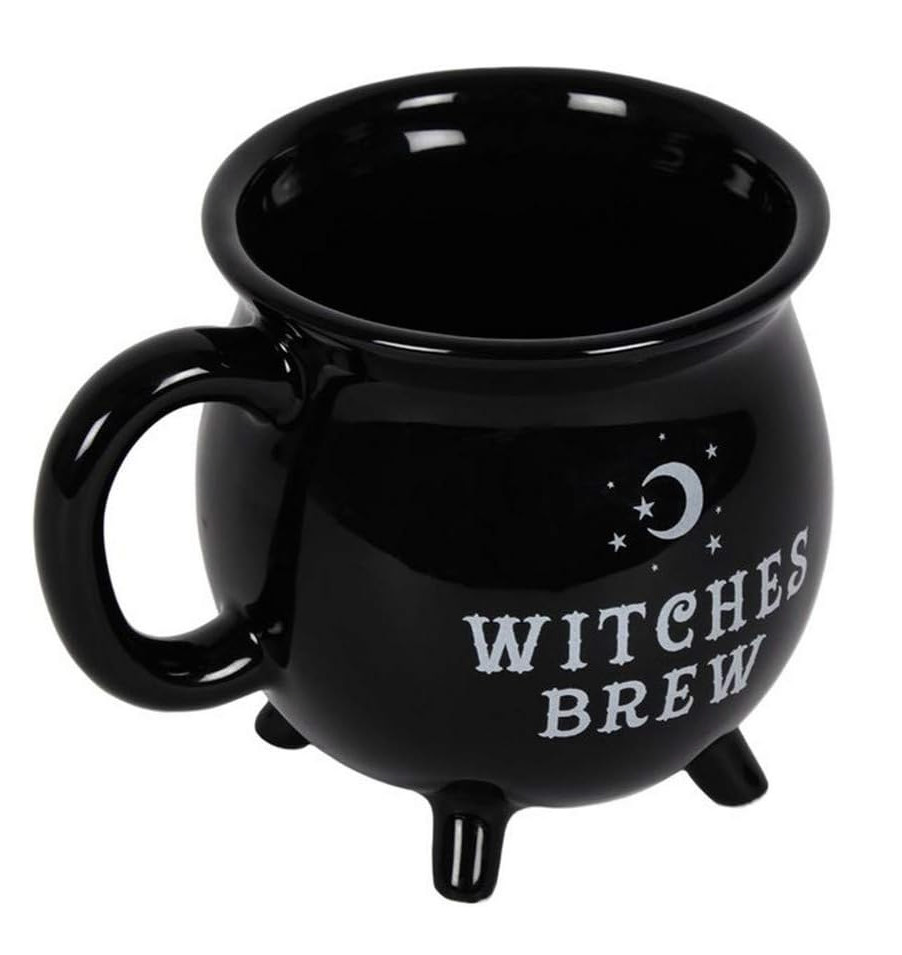(4) Witches Brew Cauldron Mugs – Black Stoneware Coffee Tea Cup Witchy Gift