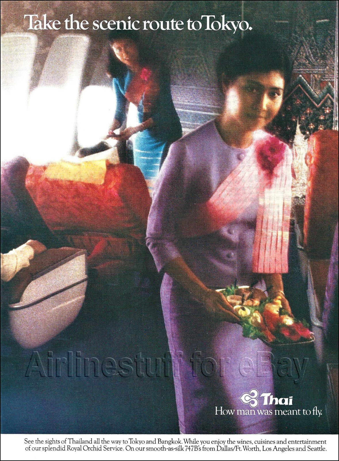 1980 THAI Airways INTL BOEING 747 ROYAL ORCHID SVC ad airline advert DFW LAX SEA