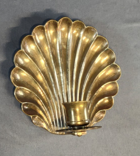 Vintage Solid Brass Clamshell Wall Sconce Candle Holder Heavy Hollywood Regency